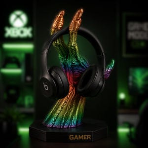 May include: A black Beats headphones rest on a rainbow-colored hand-shaped stand. The stand has a black hexagonal base with the word "GAMER" in gold lettering. The hand is detailed with gold fingertips.