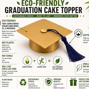 May include: Eco-friendly graduation cake topper in gold with a navy blue tassel. The topper is made from corn starch and sugar cane. Text on the image reads: "Eco-Friendly Graduation Cake Topper" and "Sustainable Choice".