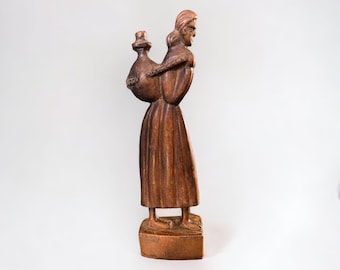Antique Hand Carved Wood Folk Art Figure | Woman with Canteen