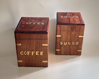 Vintage Wooden Brass Coffee and Sugar Canisters | Vintage Kitchen Decor | Gift for Coffee Lover