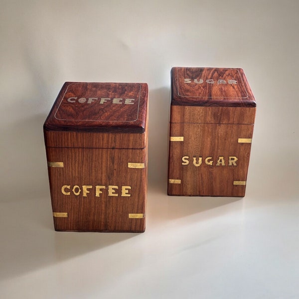 Vintage Wooden Brass Coffee and Sugar Canisters | Vintage Kitchen Decor | Gift for Coffee Lover