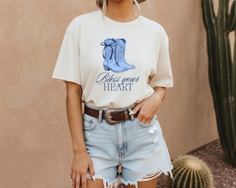 Bless Your Heart Blue Cowboy Boots Womens T-Shirt | Country Music Megan M | Western Cowgirl Coquette |  Boots with Bow | Comfort Colors