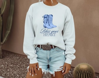Blue Cowboy Boots Bless Your Heart Sweatshirt | Country Music Megan M | Western Boot Design with Bow | Country Coquette | The Cloud 9 Tour