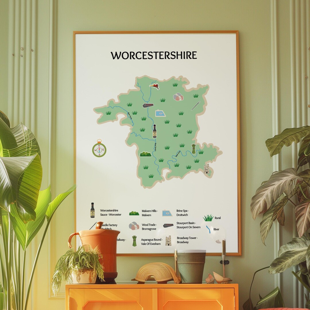 Worcestershire Map Print Illustrated British County Wall Art UK Gift worcestershire-map-print-illustrated-british-county-wall-art-uk-gift