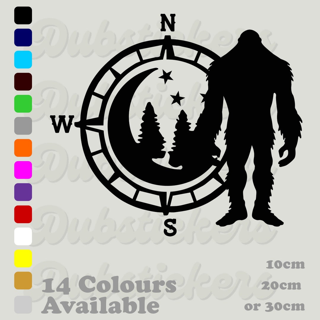 Greenstar Bigfoot/Sasquatch Vinyl Decal - Compass Trees Lake Scene For Jeep Truck Car Wall Window