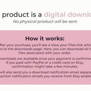 Op de afbeelding: Tekst die uitlegt dat dit product een digitale download is en dat er geen fysiek product wordt verzonden. Het legt ook uit hoe de download werkt, inclusief waar de downloadlink te vinden is, wanneer de download beschikbaar is en hoe je een downloadmelding per e-mail ontvangt.