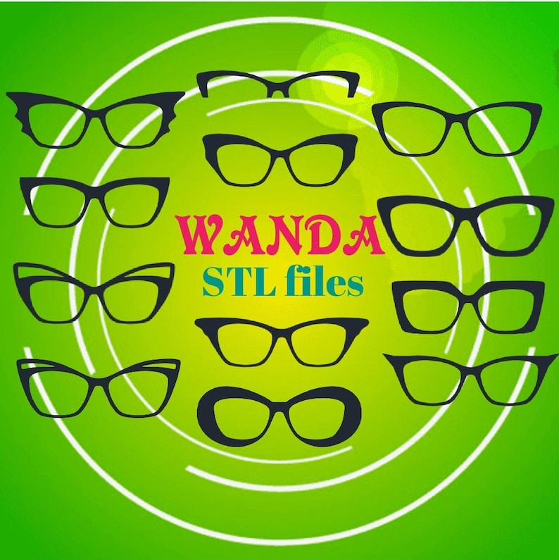 Op de afbeelding: Een verzameling van tien verschillende brillen, allemaal in zwart, met de tekst "WANDA STL files" in roze en turquoise.