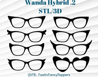 Puede incluir: Un conjunto de 8 diseños de gafas imprimibles en 3D en blanco y negro, etiquetados como "Wanda Hybrid 2 STL/3D".