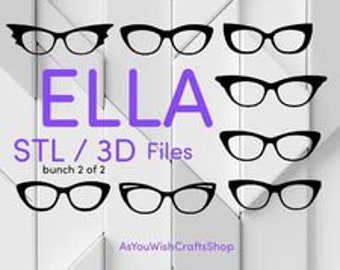 Puede incluir: Un conjunto de 9 archivos STL digitales para impresión 3D, con varios estilos de gafas de ojo de gato. Los archivos están etiquetados como "ELLA STL/3D Files bunch 2 of 2".