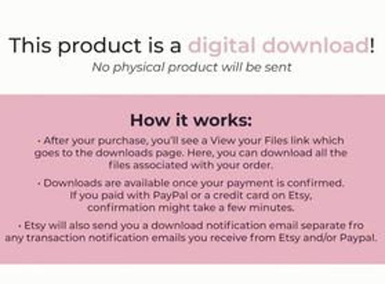 Pu&ograve; includere: Testo che spiega che questo prodotto &egrave; un download digitale e che non verr&agrave; spedito alcun prodotto fisico. Spiega anche come funziona il download, incluso dove trovare il link per il download, quando il download sar&agrave; disponibile e come ricevere un'e-mail di notifica di download.