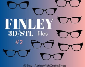 Puede incluir: Una descarga digital de archivos STL imprimibles en 3D para 10 estilos diferentes de gafas. El texto "FINLEY 3D/STL files #2" se muestra en un fondo degradado azul y rosa. También se incluyen los identificadores de redes sociales @Etsy- AsYouWishCraftsShop y @FB-FeelinFancyToppers.