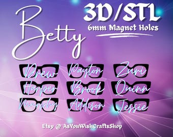 Betty Toppers, compatibel met brillen, 3D-printerbestand, STL-bestand, STL digitale download, brilmontuur STL, magnetische bril, gaten van 6 mm