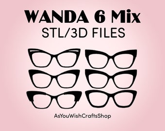 Puede incluir: Seis gafas negras de ojo de gato en diferentes estilos, con el texto "WANDA 6 Mix STL/3D FILES" y "AsYouWishCraftsShop" debajo de las gafas.