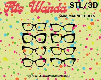 Puede incluir: Cinco pares de gafas negras de ojo de gato con agujeros de imán de 5 mm. Las gafas están sobre un fondo amarillo con lunares de colores. El texto "Fits Wanda STL/3D 5MM MAGNET HOLES" está en la parte superior de la imagen. El texto "@Etsy - AsYouWishCraftsShop" está en la parte inferior de la imagen.
