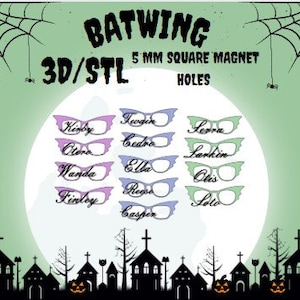 Batwing, Compatibel met paar brillen, 3D-printerbestand, STL, STL digitale download, 5 mm vierkante magneetgaten, Brilmontuur STL, Magnetische bril