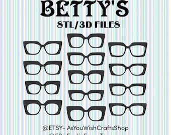 May include: A digital download of 10 STL files for 3D printing of cat-eye glasses. The image shows a row of 10 pairs of glasses in black. The text "BETTY'S STL/3D FILES" is at the top of the image. The text "@ETSY- AsYouWishCraftsShop @FB- FeelinFancyToppers" is at the bottom of the image.