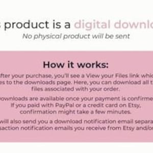 K&ouml;nnte beinhalten: Text, der erkl&auml;rt, dass dieses Produkt ein digitaler Download ist und kein physisches Produkt versandt wird. Er erkl&auml;rt auch, wie der Download funktioniert, einschlie&szlig;lich des Zugriffs auf die Dateien und wie lange es dauert, bis der Download nach dem Kauf verf&uuml;gbar ist.