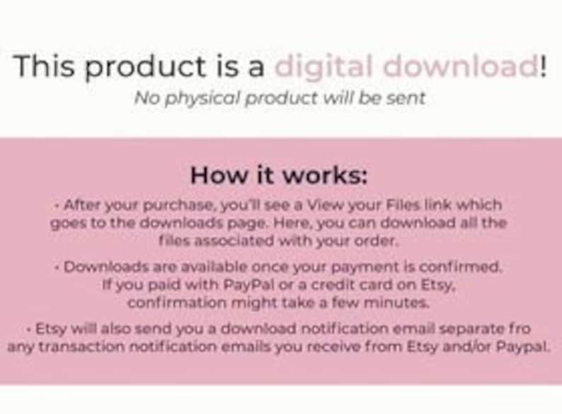 K&ouml;nnte beinhalten: Text, der erkl&auml;rt, dass dieses Produkt ein digitaler Download ist und kein physisches Produkt versandt wird. Er erkl&auml;rt auch, wie der Download funktioniert, einschlie&szlig;lich des Zugriffs auf die Dateien und wie lange es dauert, bis der Download nach dem Kauf verf&uuml;gbar ist.