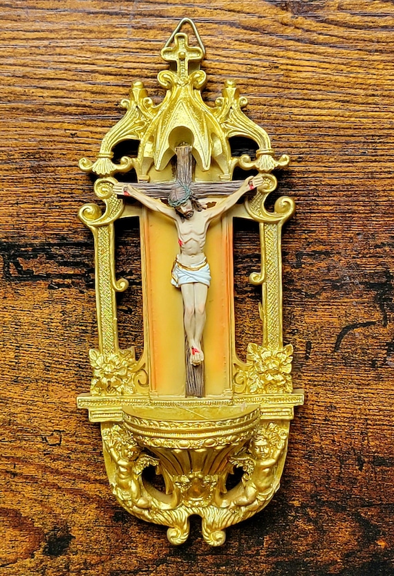 Ornate Crucifix Holy Water Font