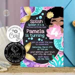 Mermaid Editable Invitation, African American Mermaid Editable Invitation, Mermaid Invitation Black Girl, Editable Invitation Corjl