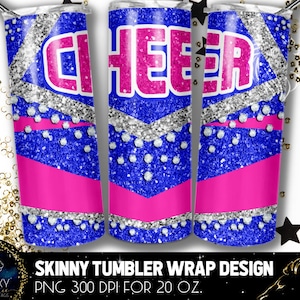 Blauwroze zilveren cheer-bekerontwerp, cheerleader-diamantenbeker, 20 oz. Skinny Tumbler Wrap-sublimatie, blauwroze cheer-beker