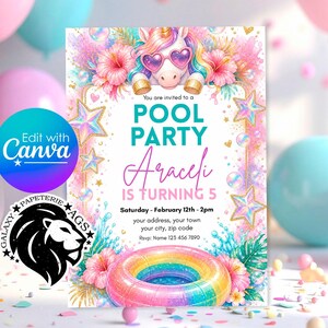 May include: A rectangular pool party invitation card featuring a unicorn wearing heart-shaped sunglasses, pink hibiscus flowers, iridescent stars, and a rainbow pool float. The text reads: You are invited to a POOL PARTY, Araceli IS TURNING 5, Saturday - February 12th - 2pm, your address, your town, your city, zip code, Rsvp: Name 123 456 7890.