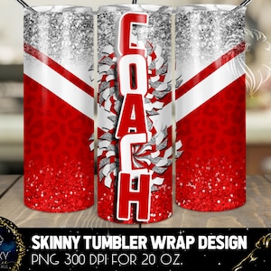 Red White Cheer Coach Tumbler Design, Red White Cheerleader Leopard Tumbler, 20 Oz. Skinny Tumbler Wrap Sublimation, Red Coach Tumbler