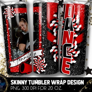 Fotografie Tanzbecher Design, Roter Tanz Fotobecher, 20 Unzen. Skinny Tumbler Wrap Sublimation, Schwarz Rot Dance Cheer Tumbler