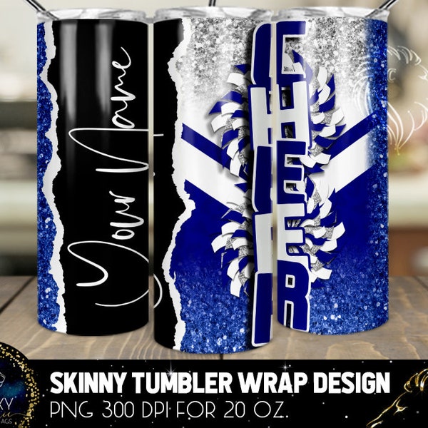 Add Name Cheer Tumbler Design, Cheerleader Leopard Tumbler, 20 Oz. Skinny Tumbler Wrap Sublimation, Blue White Silver Cheer Tumbler