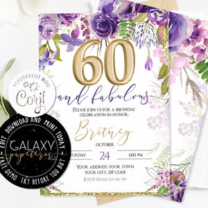 Bearbeitbare 60. Geburtstagseinladung, erröten Floral editierbare Einladung, lila Blumen Frauen Geburtstagseinladung, editierbare Einladung Corjl