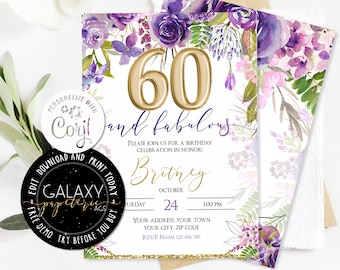 Editable 60th Birthday Invitation, Blush Floral Editable Invitation, Purple Flowers Women Birthday Invitation, Editable Invitation Corjl