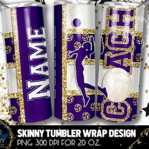  Volleyball-Trainer-Becher-Design, lila Gold-Volleyball-Trainer Becher, 20 Unze. Skinny Tumbler Wrap Sublimation, Beachvolleyball Coach Tumbler