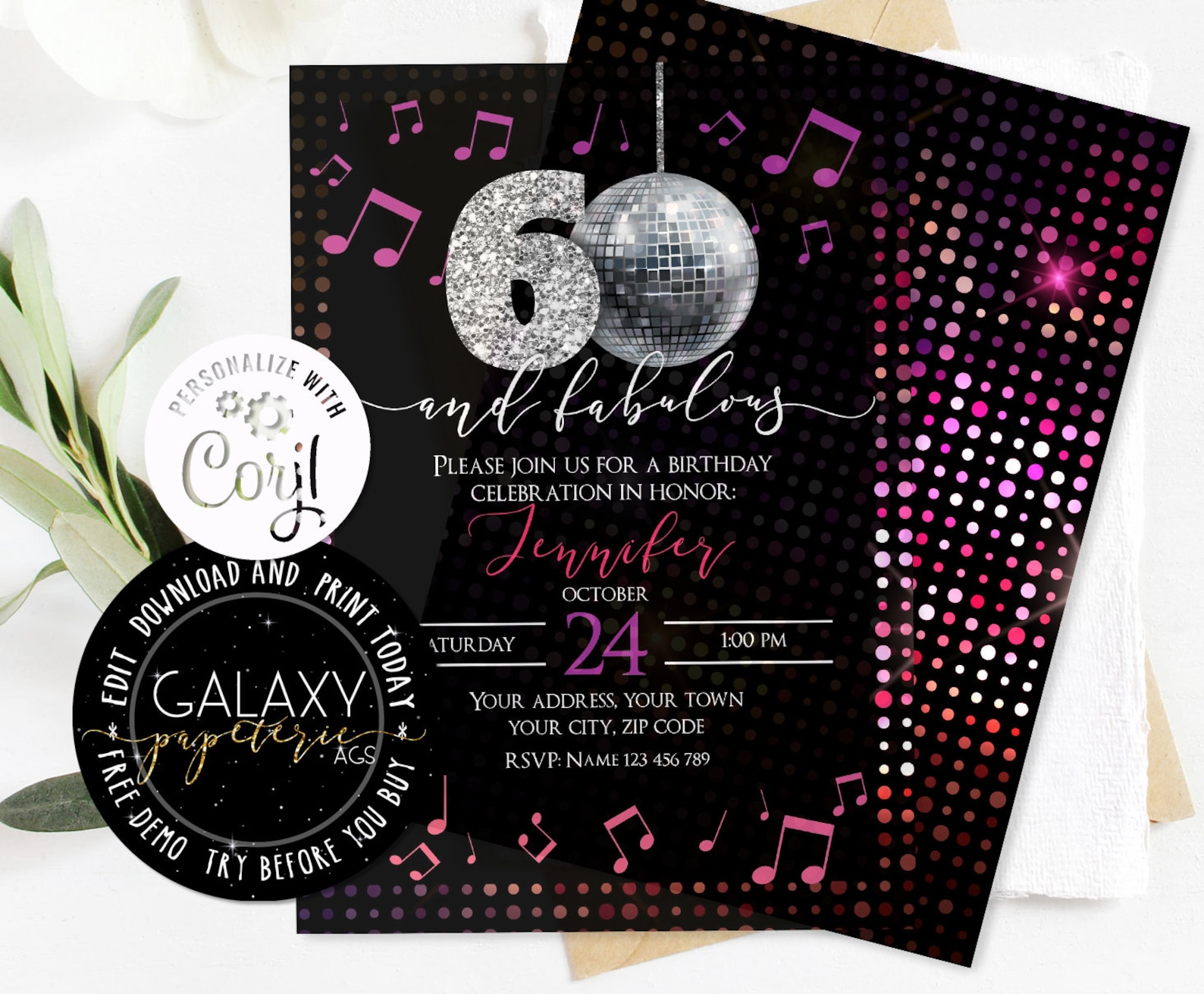 Editable 60th Birthday Invitation, Disco Party Editable Invitation