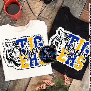 Diseño de sublimación de tigres, amarillo azul, sublimación deportiva de tigres, puntos dálmatas, archivo digital, DTF