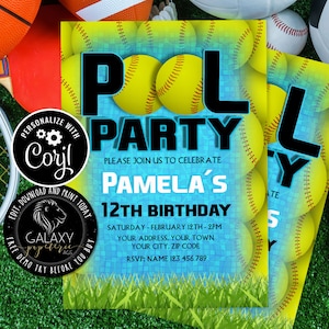 ANY AGE Softball Pool Party Invitation, Softball Party Invitation, Corjl, Softball Pool Party Invitation