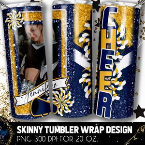 Add Photography Cheer Tumbler Design, Cheerleader Photo Tumbler, 20 Oz. Skinny Tumbler Wrap Sublimation, Blue Yellow Cheer Tumbler