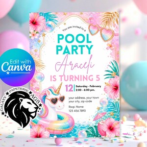 May include: A rectangular pool party invitation card featuring a white unicorn wearing heart-shaped sunglasses in a rainbow floatie, surrounded by pink hibiscus flowers, palm leaves, bubbles, and gold stars with text reading POOL PARTY Araceli IS TURNING 5.