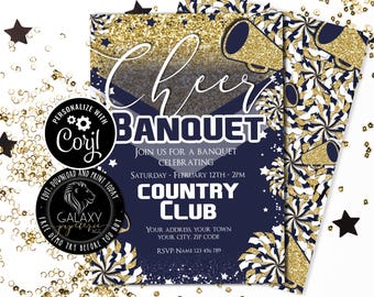 Blue Gold White Cheer Banquet Editable Invitation, Cheer Party Editable Invitation, Cheerleader Invitation, Corjl