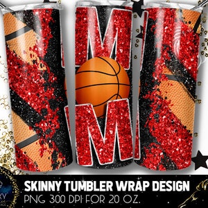 Ontwerp basketbal moederbeker, ontwerp basketbal moeder zwart rood glitter, 20 oz. Magere beker, basketbal moeder penseelstreken