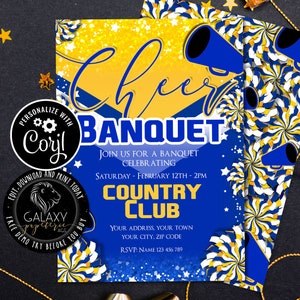 Blue Yellow Cheer Banquet Editable Invitation, Cheer Party Editable Invitation, Cheerleader Invitation, Corjl