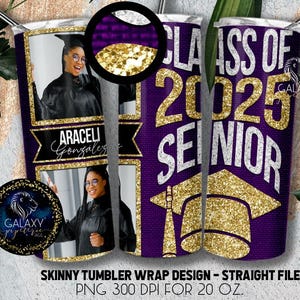 Copo de ouro roxo sênior 2025, copo com foto, copo com texto, copo fino de 20 onças para sublimação, copo de formatura em ouro roxo