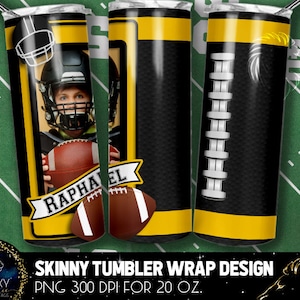 Black Yellow Football Mom Tumbler, Football Mom Photo Tumbler, 20 Oz. Skinny Tumbler Sublimation, Black Yellow Football Mom Tumbler Design