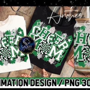 Cheer Mom sublimatie, Cheer Mom penseelstreken sublimatie ontwerp, cheerleader sublimatie, groen wit Cheer Mom sublimatie