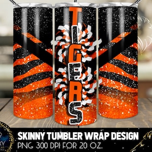 Cheer Tigers Tumbler Design, Cheerleader Tiger Tumbler, 20 onças. Tumbler Skinny Wrap Sublimação, Copo Laranja Preto Cheer Tigers