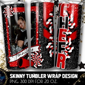 Hinzufügen Fotografie Cheer Tumbler Design, Red Cheerleader Foto Tumbler, 20 Oz. Skinny Tumbler Wrap Sublimation, Schwarz Rot Cheer Tumbler