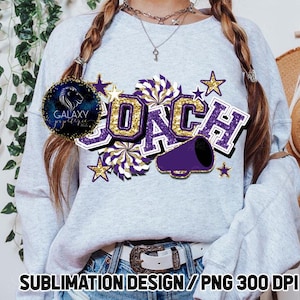 Glitter per allenatore di cheerleading viola oro sublimazione, design per allenatore di cheerleading sublimazione, cheerleader sublimazione, allenatore viola oro