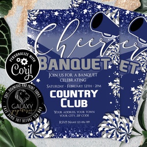 May include: A blue and white printable invitation for a cheer banquet. The invitation features a megaphone, pom-poms, and stars. The text on the invitation reads "Cheer Banquet" and "Join us for a banquet celebrating... Saturday - February 12th - 2pm Country Club".