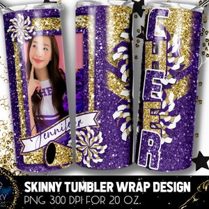 Add Photography Cheer Tumbler Design, Cheerleader Photo Tumbler, 20 Oz. Skinny Tumbler Wrap Sublimation, Purple Gold Cheer Tumbler