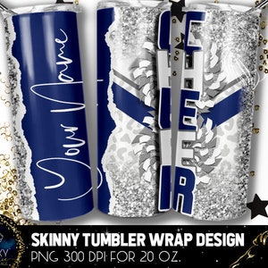 Namen hinzufügen Cheer Tumbler Design, Cheerleader Leopard Becher, 20 Oz. Skinny Tumbler Wrap Sublimation, weiß blauer Cheer Tumbler
