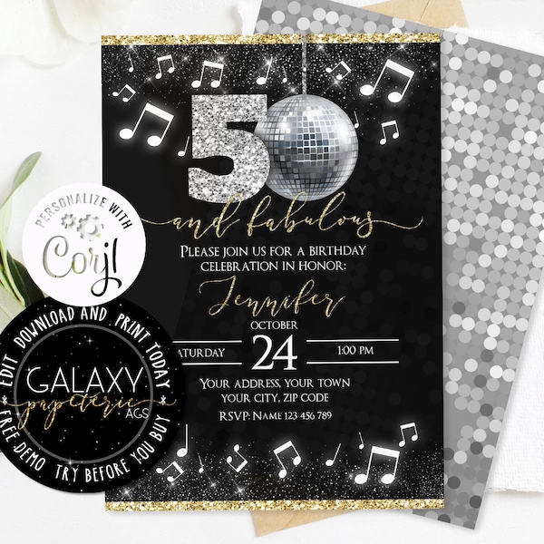 Editable 50th Birthday Invitation, Disco Party Editable Invitation, Glitter Fifty Birthday Invitation, Surprise Birthday Invite, Corjl.